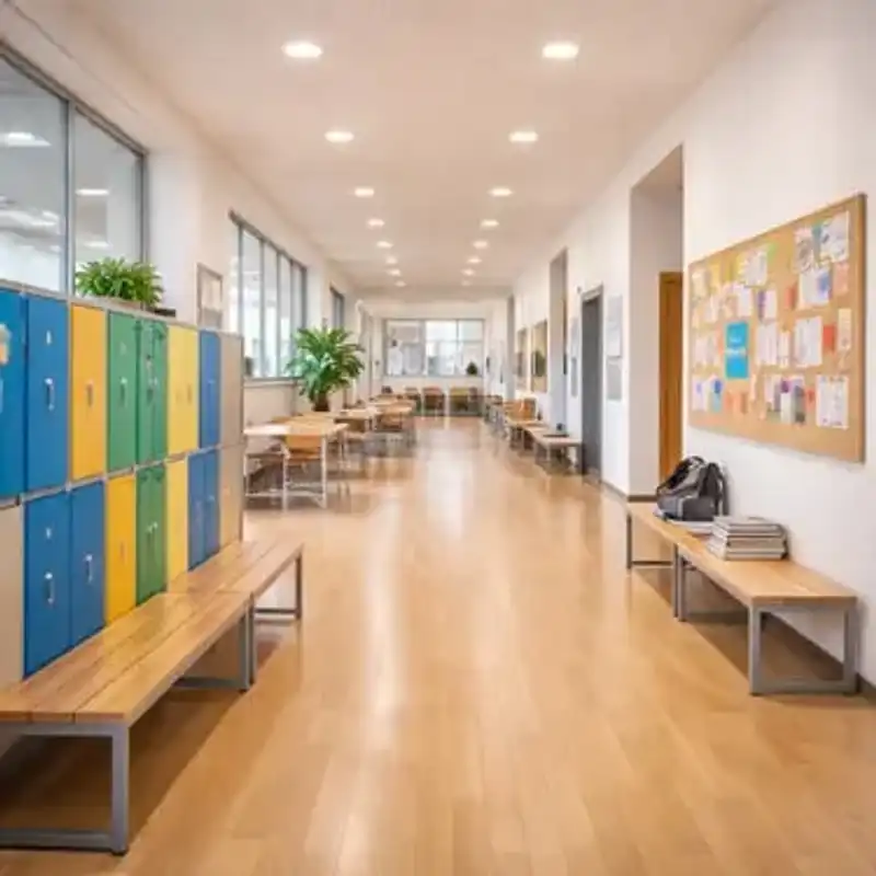 Aula de colegio desinfectada y limpia con pupitres alineados bajo luz natural