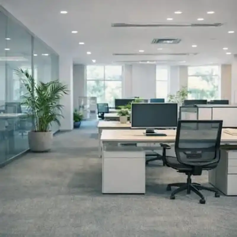 Oficina diáfana y limpia con escritorios ordenados, reflejando un ambiente laboral saludable
