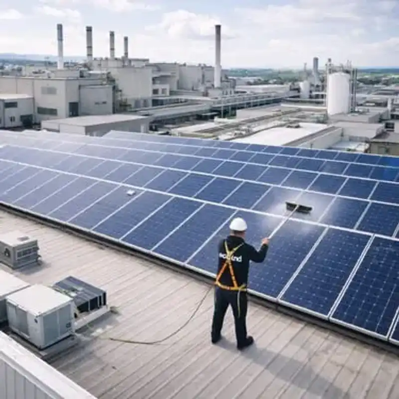 Técnico limpiando paneles fotovoltaicos en un tejado para optimizar su rendimiento energético